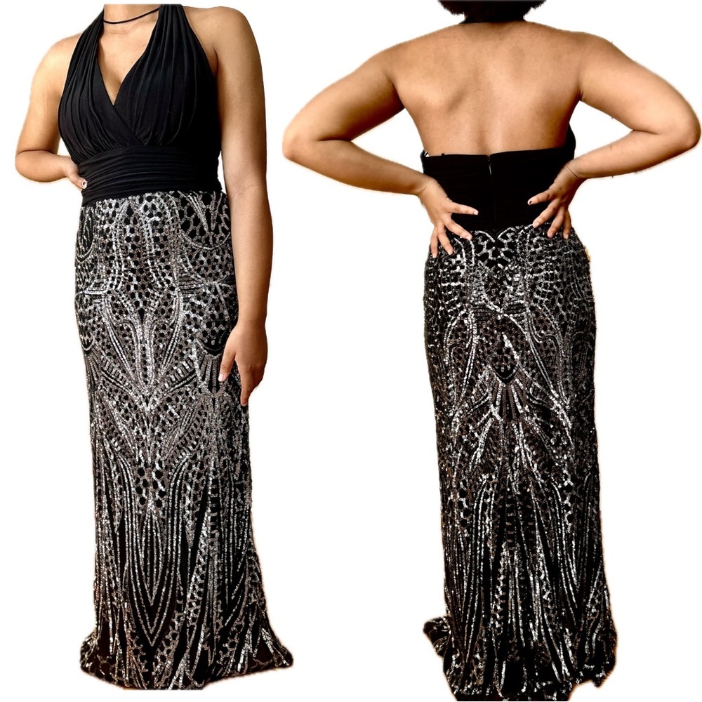R&M Richards Black and Silver Sequin Halter Dress Size 6